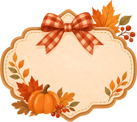Fototapeta premium Autumn sign with a gingham bow, pumpkins and maple leaves 