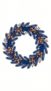 Elegant Christmas wreath vector illustration with dark blue pine branch foliage and round copper berry embellishment arranged in circular frame isolated on white background