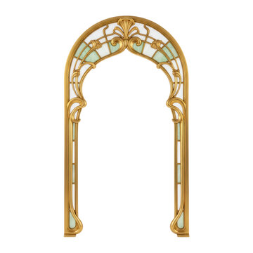 Art Nouveau architectural archway, gilded 24k gold filigree, pale green and white opalescent glass, on a brilliant white background with copy space, elegant luxury design concept