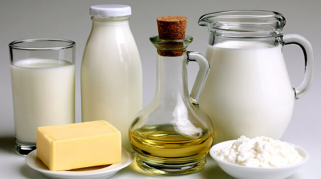 Assorted fresh dairy products including milk bottles butter and cheese with milk bottle
