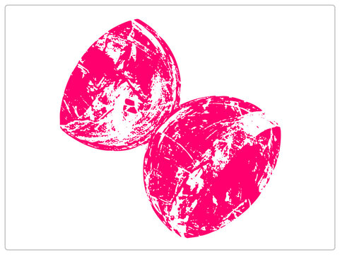 Two rough coconut halves, copra and Cocos nucifera fruit, in bold hot pink grunge stencil style. Distressed screen print effect with drupe section showing cracked texture.