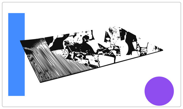 Warped glitch montage of torn a datamosh pixel riot in rough grunge vector style. fragments stretch a skewed plane beside bold blue and purple shapes.