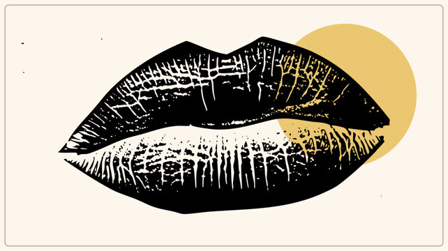 Smooching pucker in distressed ink style, kissers rendered with gritty texture beside a flat mustard circle. Retro smacker silhouette for bold pop inspired design projects.