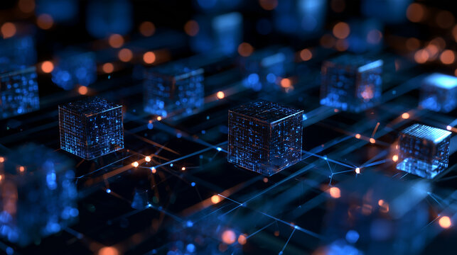 Abstract 3D rendering of a decentralized blockchain cryptocurrency network, glowing interconnected data blocks and digital currency nodes, dark cyber background
