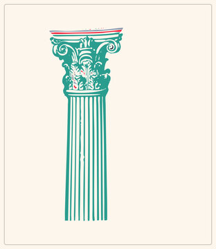 "Ancient Greek pillar as hand cut screen print corinthian column with fluted shaft and acanthus leaf capital. This pilaster, a colonnade staple, carries vintage printmaking charm."