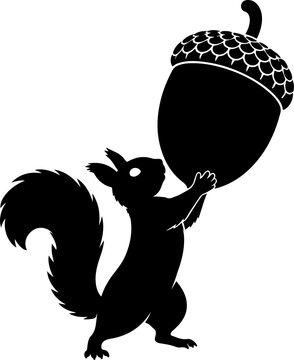 Flat Vector Silhouette of Small Squirrel Holding Up an Oversized Oak Acorn Metaphor for Effort and Savings