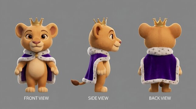 Cute 3D Lion Prince Character with Crown & Royal Cape (3D Turnaround Sheet)