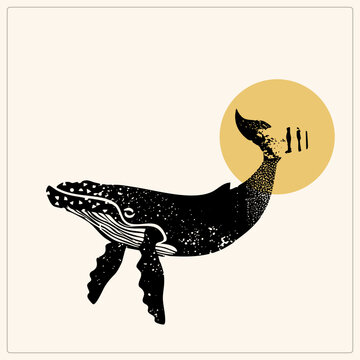 Humpback whale rendered in speckled linocut style with barnacle texture glides past a mustard sun. This leviathan blends vintage printmaking charm with minimalist nautical design.