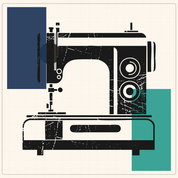 Vintage silhouette of a classic tailor machine in distressed flat vector style with grunge cracks. The old sewing clacker sits over bold navy and teal geometric blocks in a retro palette.