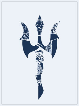 "Weathered fishtail sea god spear in distressed navy fragmented grunge textures tines and shaft. Mythic trident with rough stencil edges and bold silhouette."