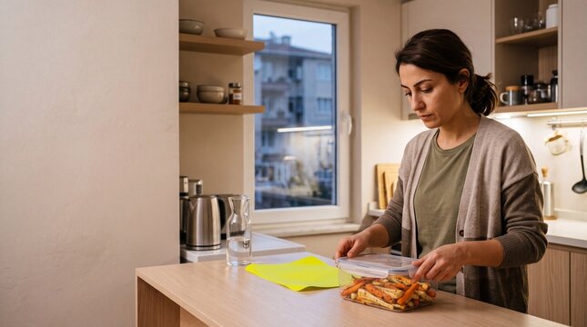 Frau verschlie&szlig;t Frischhaltedose mit ger&ouml;stetem Gem&uuml;se in der K&uuml;che