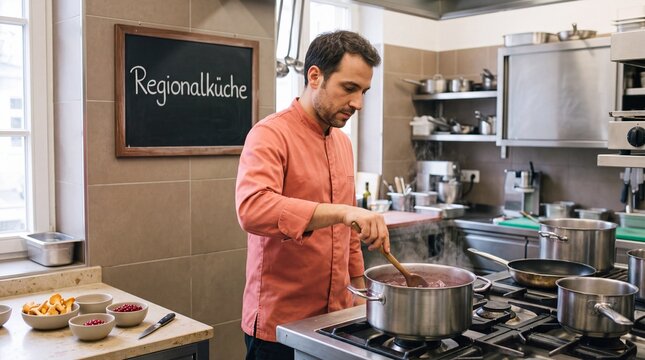 Koch r&uuml;hrt Wildragout in professioneller Restaurantk&uuml;che mit Regionalk&uuml;che-Tafel