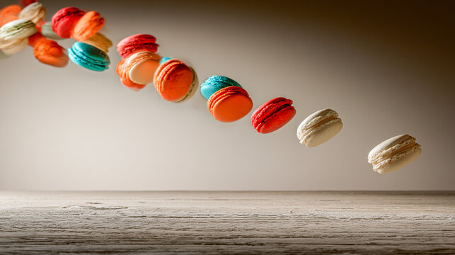 Colorful french macarons flying in the air above a rustic wooden table surface with colorful