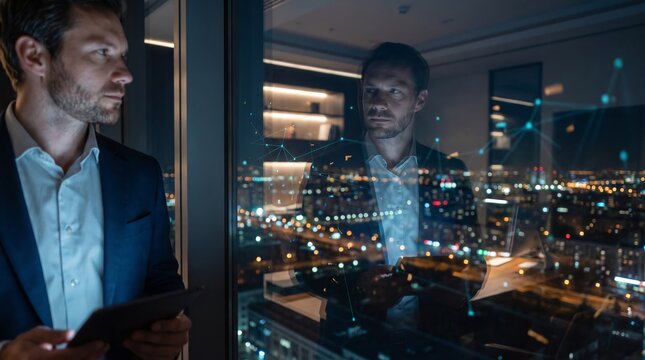Businessman observing city through glass