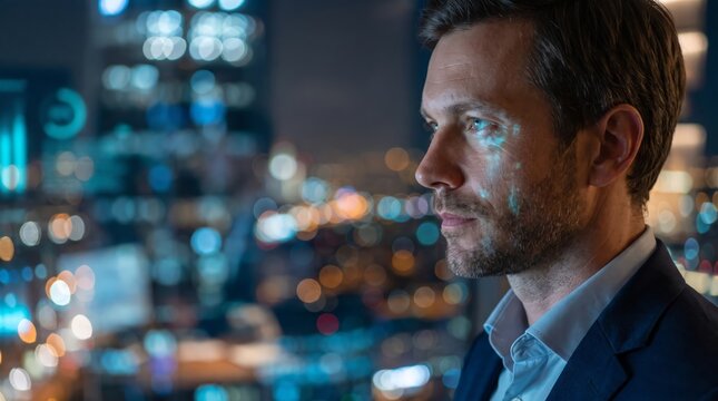 Businessman contemplating city data