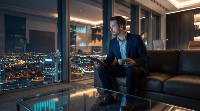 Executive seated with tablet by window