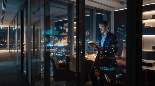 Executive using tablet beside city view