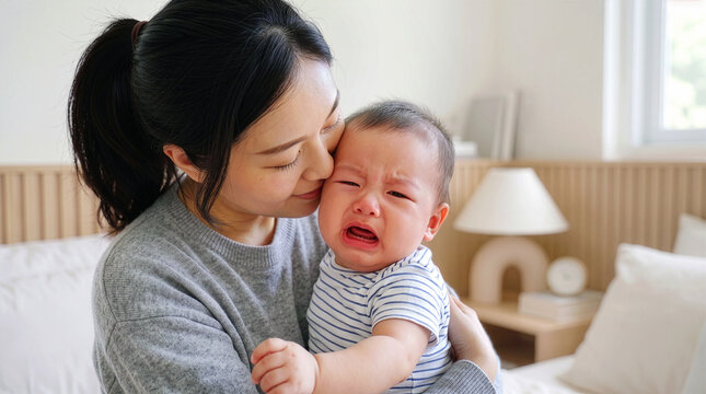 Asian mother holding and comforting her crying baby on bed in bedroom, loving mom soothing sick crying newborn infant child at home