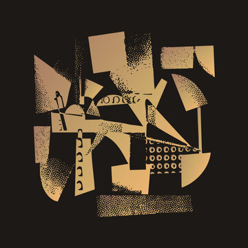Abstract patchwork collage of torn rectangles, wedges and arcs in gradient gold tones. This shape shifting cutout composition, a real eye catcher and hard edged montage of stippled halftone texture, b