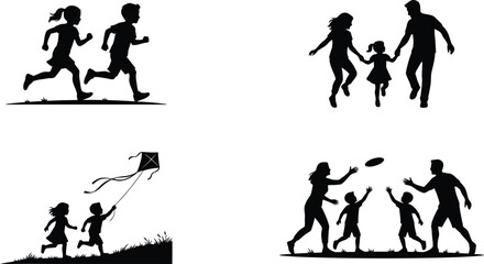 Obraz premium Active Family Silhouettes Set Featuring Parents and Children Running Flying a Kite and Playing Outdoors