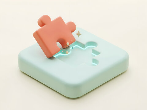 Pink puzzle piece fitting into light blue base with glowing outline and subtle sparkles
