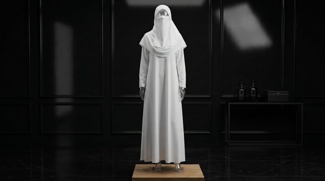 White long dress with matching hijab displayed on a mannequin modest fashion traditional clothing modest attire clothing store formal wear white garment religious clothing fashion photography