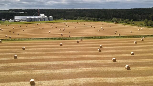 Aerial pull back from farm silos and straw field in PEI, Canada