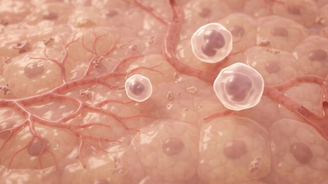 Close-up 3D render of human skin cells with blood vessels and immune cells, microcirculation