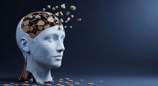 Abstract human head breaking apart, revealing wooden fragments, symbolizing mental fragmentation, loss of thought, or breakdown.
