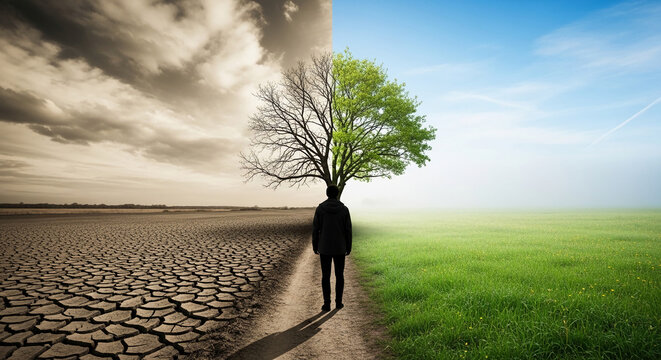 A person walks from a dry, cracked landscape to a lush green field, symbolizing transformation and environmental change.