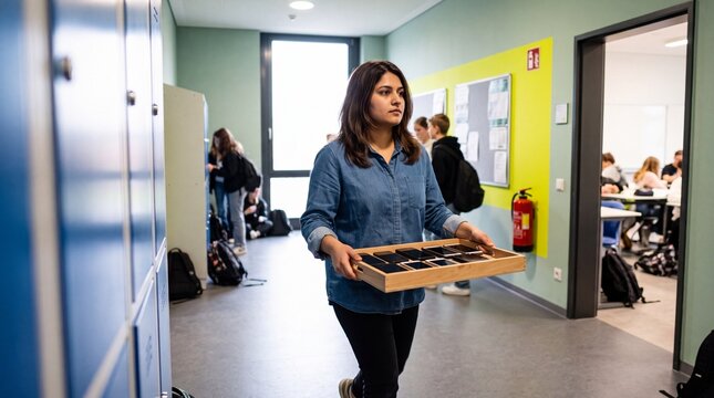 Lehrerin tr&auml;gt Handybox mit eingesammelten Smartphones durch Schulflur