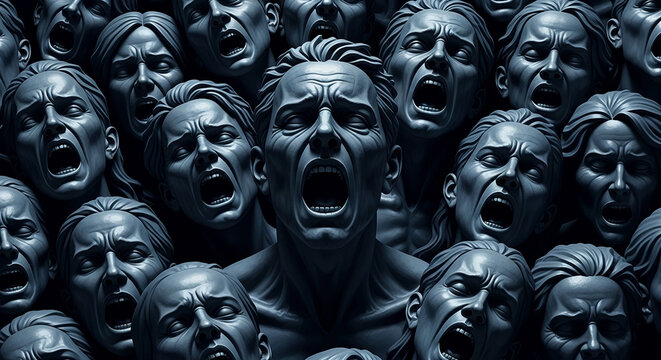 Screaming stone faces in a chaotic, dark scene, symbolizing widespread anguish and despair, representing collective human suffering or a crisis.