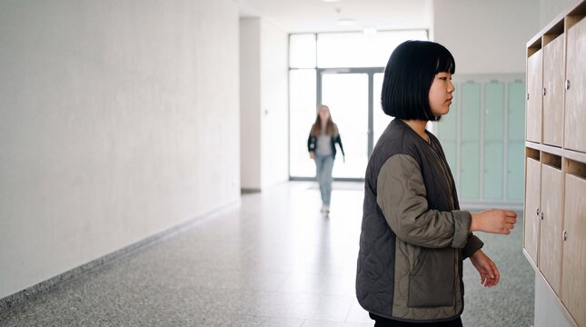 Sch&uuml;lerin geht durch hellen Schulflur zu ihrem Spind