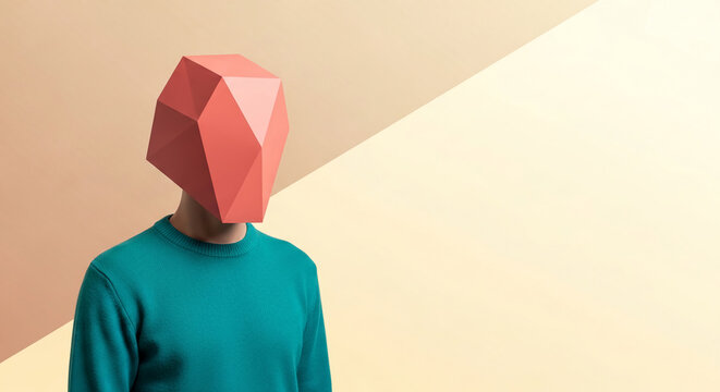 Person with geometric coral head and teal sweater, representing anonymity, individuality, or modern art, with copy space