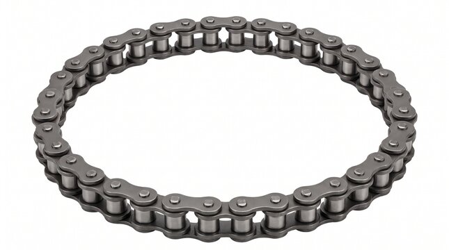Industrial metal drive chain formed into a perfect circular loop on white background
