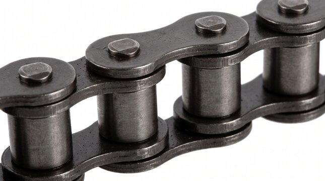 Close up view of a metallic roller chain link for industrial machinery