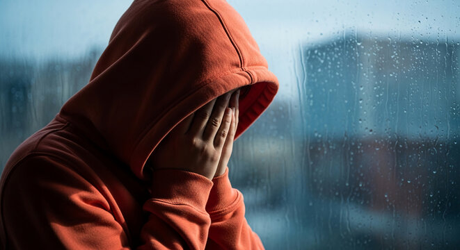 Person in orange hoodie covering face with hands, by a rainy window, symbolizing isolation, sadness, and introspection