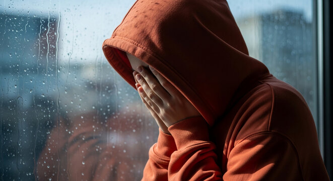 Person in orange hoodie hiding face against rainy window, symbolizing sadness, isolation, and introspection, suitable for emotional concept.