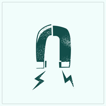 Grunge horseshoe magnet, also called a U magnet or lodestone, radiates energy with jagged lightning bolts. Stencil texture in dark teal green, evoking magnetism, attraction and raw physical power.