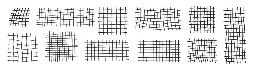 Fototapeta premium Grid pattern hand drawn icon set with rectangular and square geometric mesh, warped lattice lines and editable stroke vector