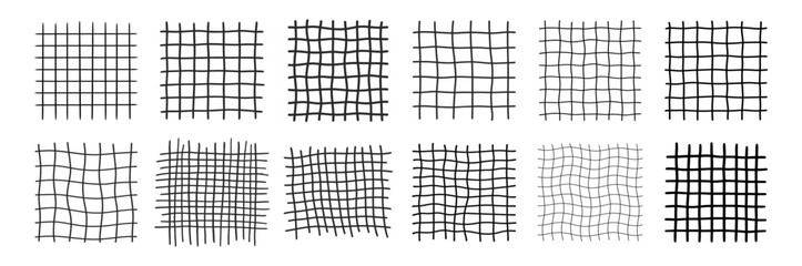 Fototapeta premium Grid pattern hand drawn icon set with irregular geometric mesh, warped lattice lines and editable stroke vector