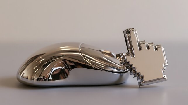 A sleek chrome computer mouse with a metallic pixelated cursor icon. This modern technology concept is perfect for web design and digital marketing advertising.