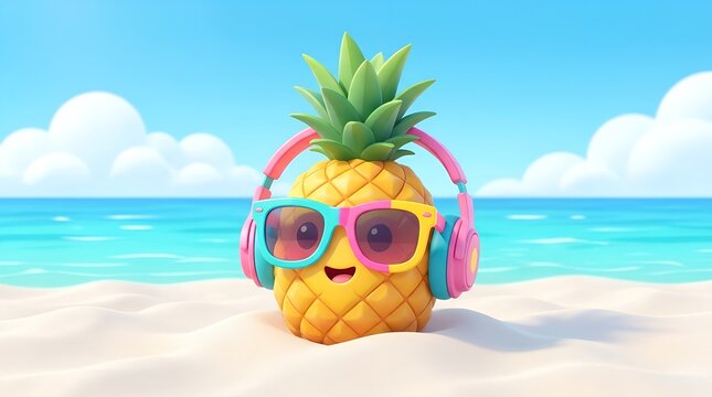 Anthropomorphic pineapple with headphones and sunglasses rests on a sandy beach tropical