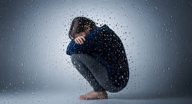A person crouched, covered by a dark blue garment, with hands clasped around knees, seen through a window pane with numerous water droplets, symbolizing sadness and isolation