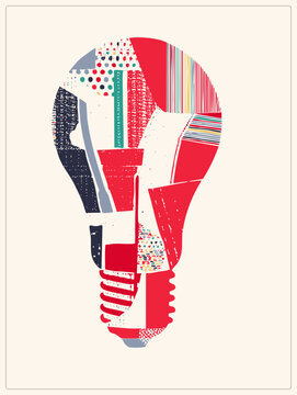 Stylized lightbulb classic bright idea symbol built from scrapbook patches, polka dots and stripes in grunge print style. Folk names like bulb and glow lamp shine through this vintage cutout.
