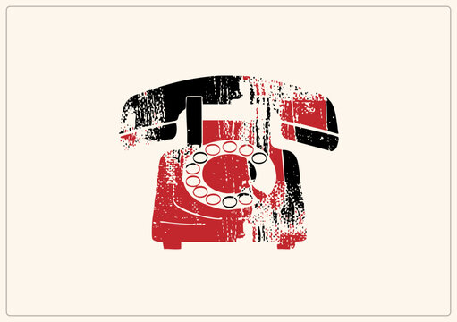 Vintage rotary phone in rough grunge stencil style classic dial up handset gets a weathered retro treatment. Folk call it ringy dingy, a candlestick era relic, redrawn as distressed two print.