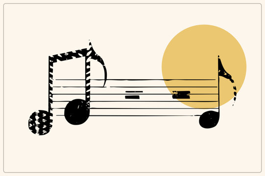 Distressed eighth note and quaver silhouettes stamped a hand drawn staff, with a warm ochre sun disk behind. Vintage block print texture gives a raw, playful rhythm poster feel.