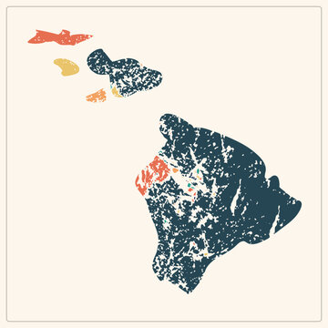 Distressed Hawaiian archipelago map, Big Island and neighboring isles in textured stamp style. The aina, called Sandwich Islands by old sailors, shows accents within dark teal silhouettes.