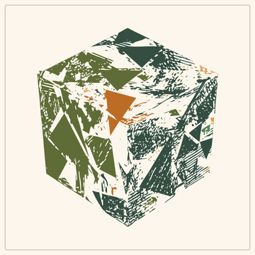 Distressed hexagonal cube with fragmented polygonal facets and halftone speckle texture. Earthy camo tones give this hexahedron a rugged stencil feel, ideal for bold graphic design.