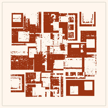 Weathered quick response code, also called a QR tag or matrix barcode, rendered as a grunge stencil print. The rust modules break apart with rough texture, evoking rubber stamp ink on paper.
